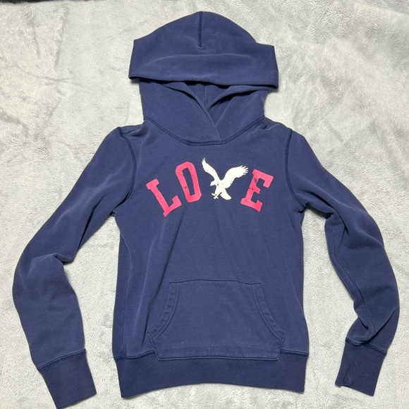American Eagle Outfitters Women's Small Hoodie Love Blue Pink White Pre-Owned - Picture 1 of 3